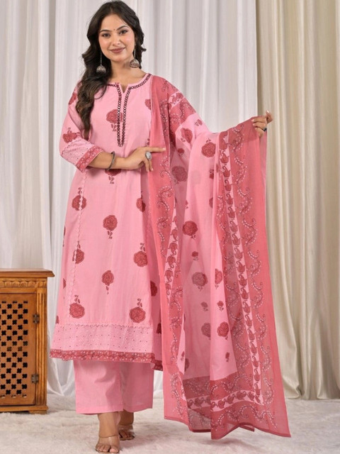 Yashee Women Floral Printed Regular Thread Work Pure Cotton Kurta with Palazzos & With Dupatta