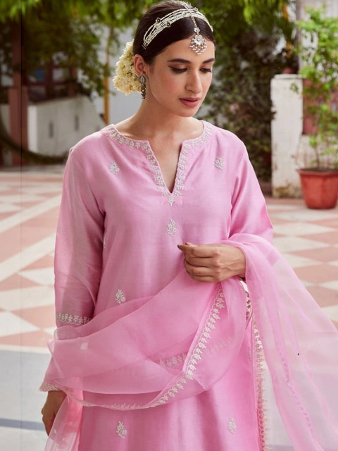 ROZLAND Women Ethnic Motifs Embroidered Regular Thread Work Kurta with Trousers & With Dupatta - Image 4