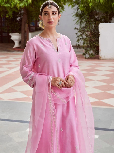 ROZLAND Women Ethnic Motifs Embroidered Regular Thread Work Kurta with Trousers & With Dupatta - Image 5