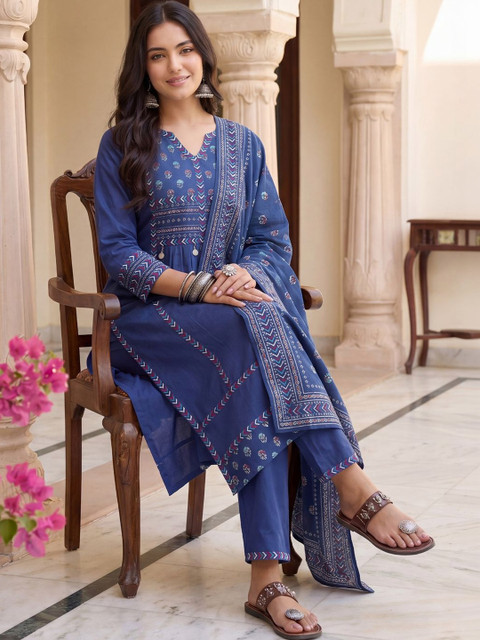 Indo Era Women Ethnic Motifs Printed Regular Pure Cotton Kurta with Trousers & With Dupatta - Image 5