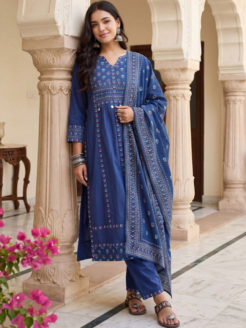 Indo Era Women Ethnic Motifs Printed Regular Pure Cotton Kurta with Trousers & With Dupatta
