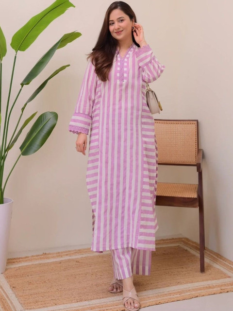 NAVYAAZRI Women Striped Regular Thread Work Kurta with Trousers - Image 6