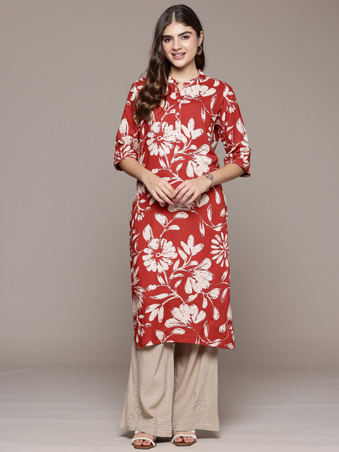 Cayman Floral Printed Mandarin Collar Straight Kurta - Image 3