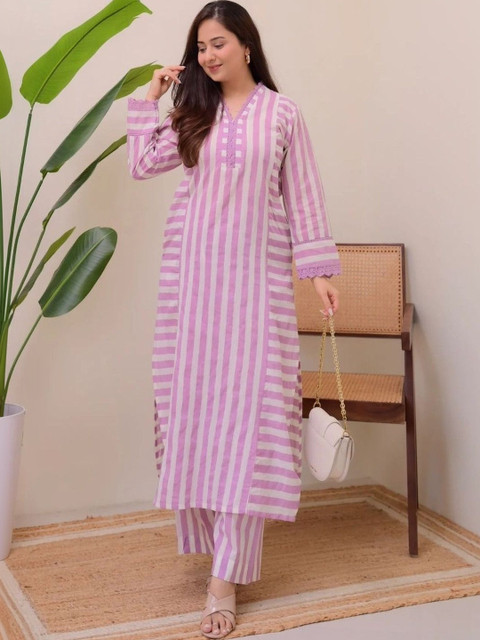 NAVYAAZRI Women Striped Regular Thread Work Kurta with Trousers - Image 4