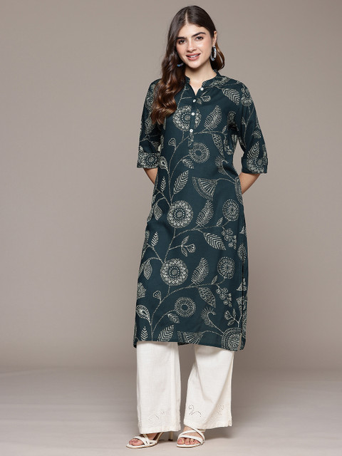Cayman Floral Printed Mandarin Collar Straight Kurta - Image 3