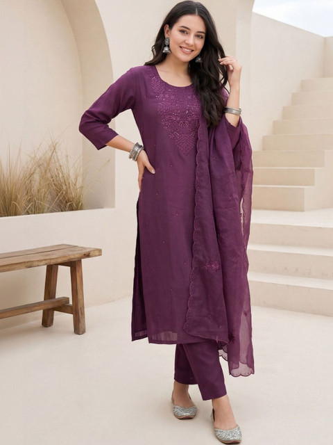 Indo Era Women Ethnic Motifs Embroidered Regular Thread Work Kurta with Trousers & With Dupatta