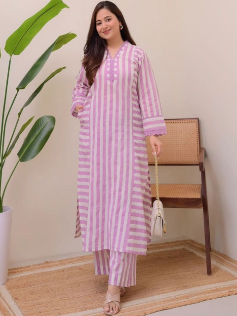 NAVYAAZRI Women Striped Regular Thread Work Kurta with Trousers - Image 3