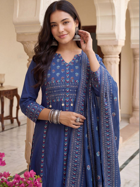Indo Era Women Ethnic Motifs Printed Regular Pure Cotton Kurta with Trousers & With Dupatta - Image 2