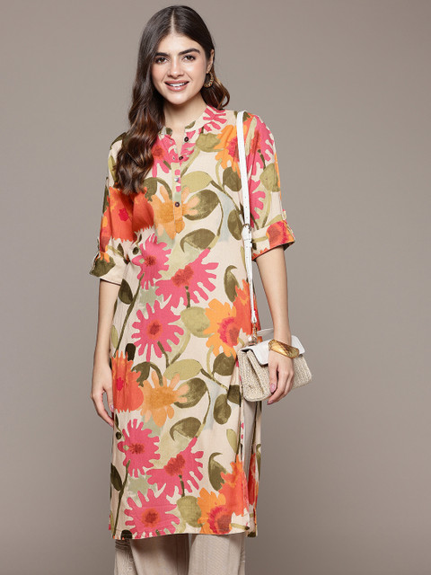 Cayman Floral Printed Mandarin Collar Straight Kurta