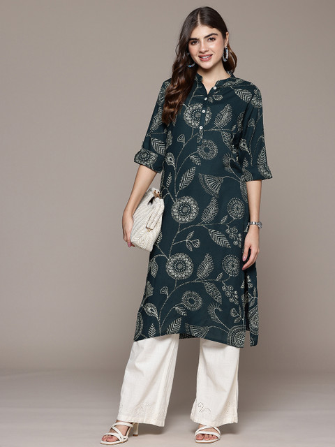 Cayman Floral Printed Mandarin Collar Straight Kurta - Image 6