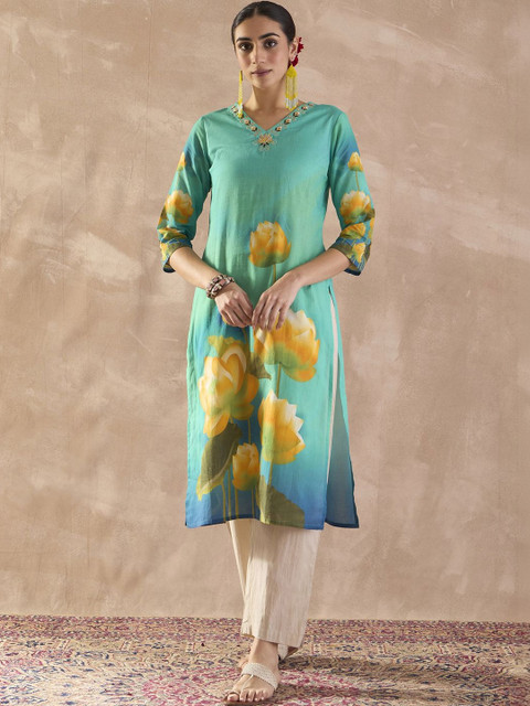 Indo Era Women Floral Printed Thread Work Floral Kurta