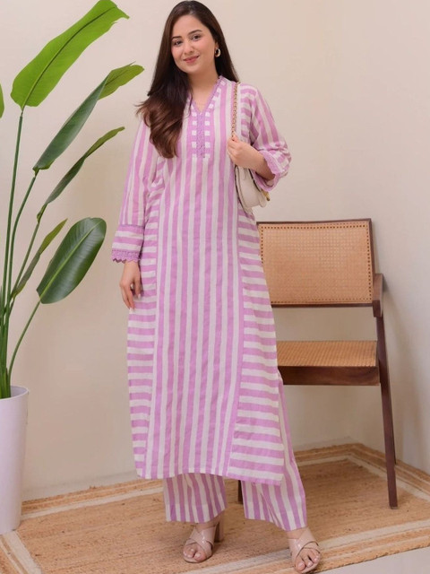 NAVYAAZRI Women Striped Regular Thread Work Kurta with Trousers - Image 7