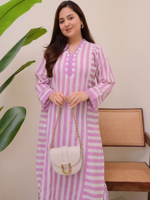 NAVYAAZRI Women Striped Regular Thread Work Kurta with Trousers - Image 2