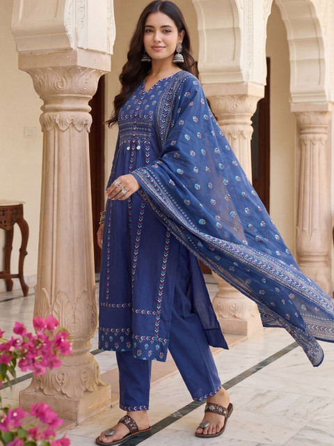 Indo Era Women Ethnic Motifs Printed Regular Pure Cotton Kurta with Trousers & With Dupatta - Image 3