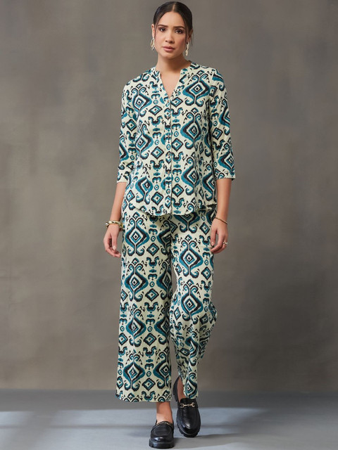 Navibhu Office-Wear Cotton Printed Top with Palazzos
