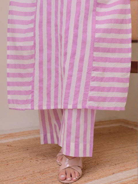 NAVYAAZRI Women Striped Regular Thread Work Kurta with Trousers - Image 5