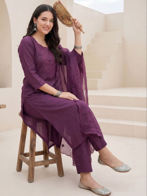 Indo Era Women Ethnic Motifs Embroidered Regular Thread Work Kurta with Trousers & With Dupatta - Image 5