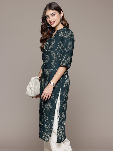 Cayman Floral Printed Mandarin Collar Straight Kurta