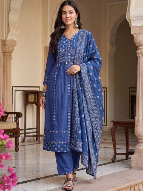 Indo Era Women Ethnic Motifs Printed Regular Pure Cotton Kurta with Trousers & With Dupatta - Image 6