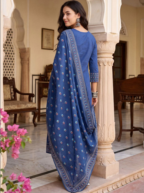 Indo Era Women Ethnic Motifs Printed Regular Pure Cotton Kurta with Trousers & With Dupatta - Image 4