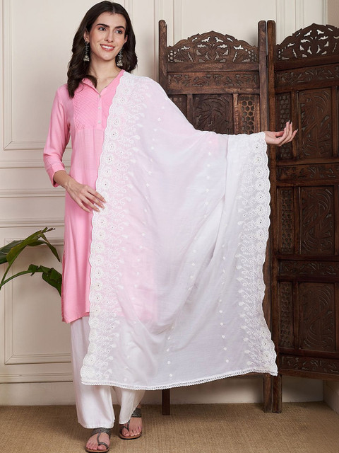 AKSHADEEP Floral Embroidered Chikankari Pure Cotton Dupatta