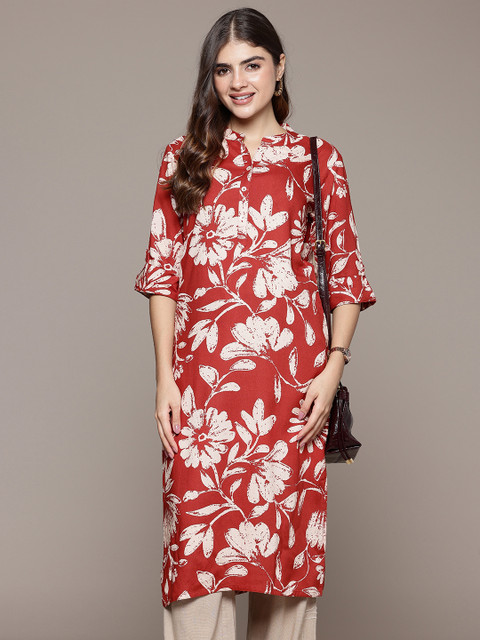 Cayman Floral Printed Mandarin Collar Straight Kurta