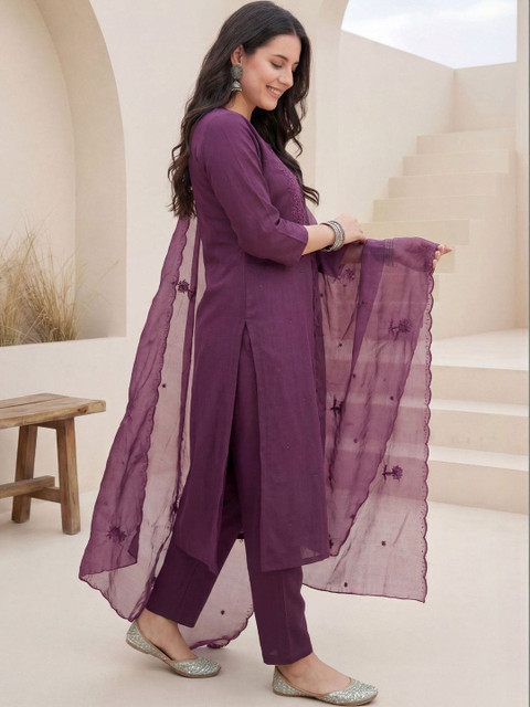 Indo Era Women Ethnic Motifs Embroidered Regular Thread Work Kurta with Trousers & With Dupatta - Image 3