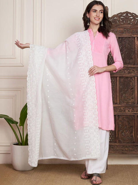 AKSHADEEP Floral Embroidered Chikankari Pure Cotton Dupatta