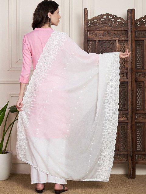 AKSHADEEP Floral Chikankari Embroidered Pure Cotton Dupatta - Image 4