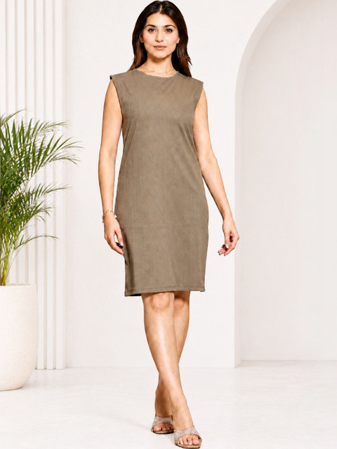 DUTCH DREAM Women Taupe Variegated Rib Sleeveless Sheath Knee Length Dress