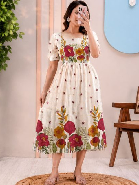 HOOk i Floral Print Puff Sleeve A-Line Midi Dress