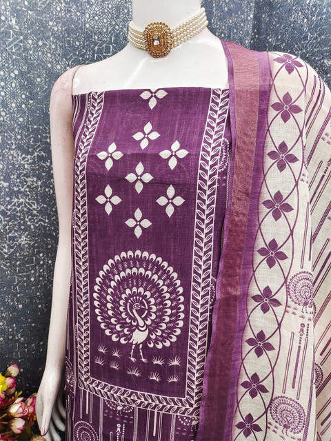 Peachmode Printed Linen Unstitched Dress Material - Image 4