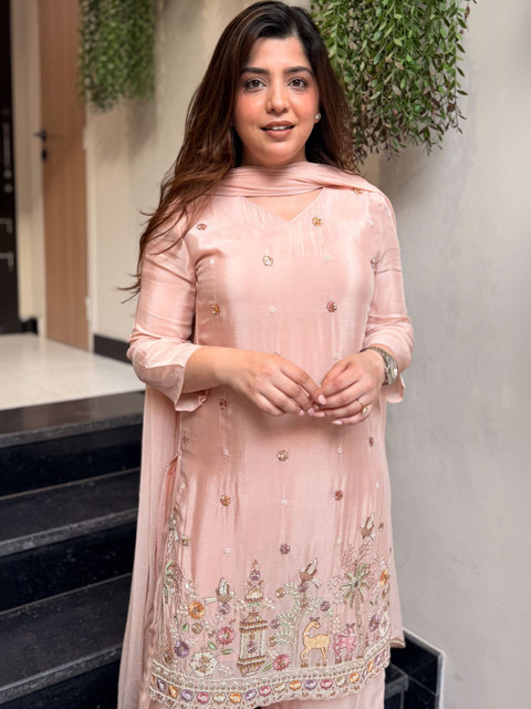 HERE&NOW Women Ethnic Motifs Embroidered Regular Thread Work Kurta with Palazzos & With Dupatta - Image 5