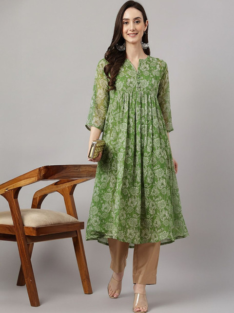 Janasya Women's Green Chiffon Lurex Floral Printed A-line Kurta