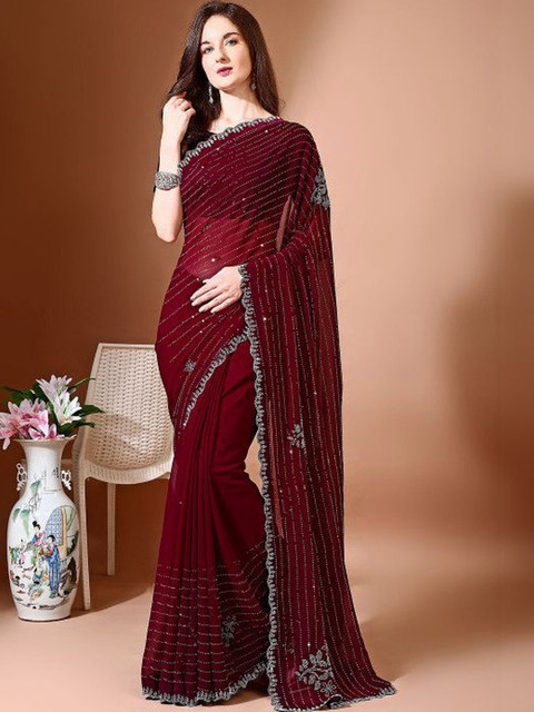 Leelavati Embellished Beads and Stones Pure Chiffon Saree