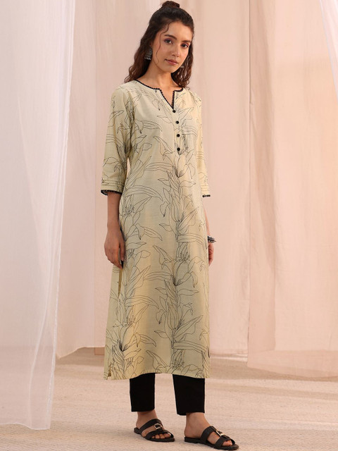 Libas Off White Floral Printed Silk Blend Straight Kurta