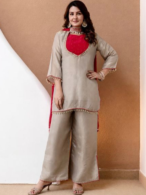 Zoomera Women Regular Thread Work Kurta with Palazzos & With Dupatta
