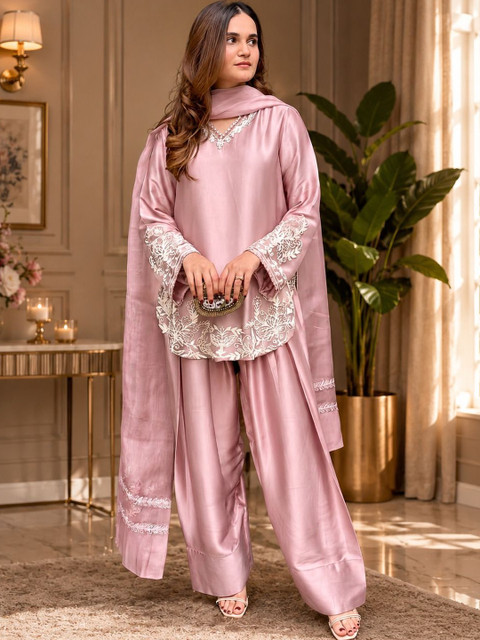 ANITYA Women Ethnic Motifs Embroidered Regular Thread Work Kurta with Palazzos & With Dupatta