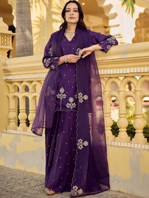Moda Rapido Women Ethnic Motifs Embroidered Regular Thread Work Pure Silk Kurta with Sharara & With Dupatta - Image 2