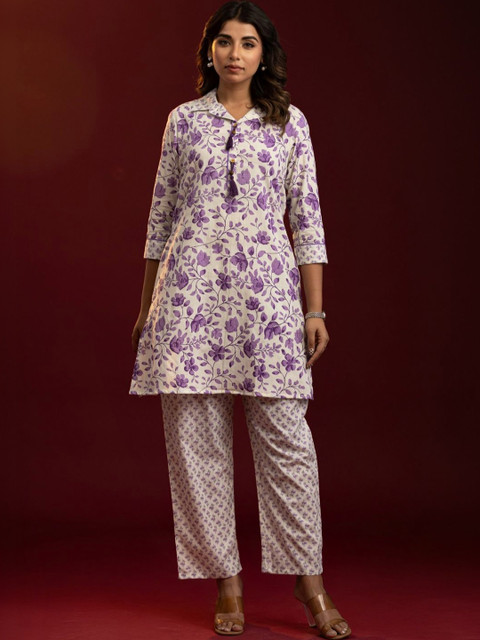 VEDANA Floral Cotton Printed Tunic with Trousers