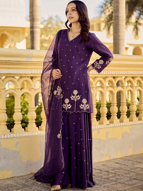 Moda Rapido Women Ethnic Motifs Embroidered Regular Thread Work Pure Silk Kurta with Sharara & With Dupatta - Image 4