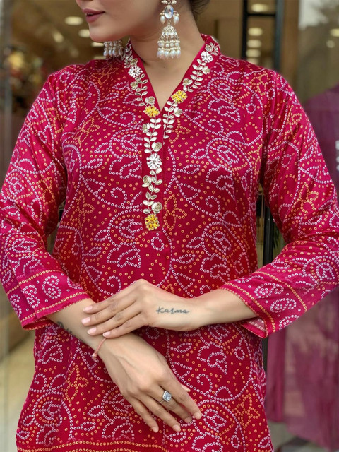 HERE&NOW Women Bandhani Printed Regular Kurta with Trousers & With Dupatta - Image 5
