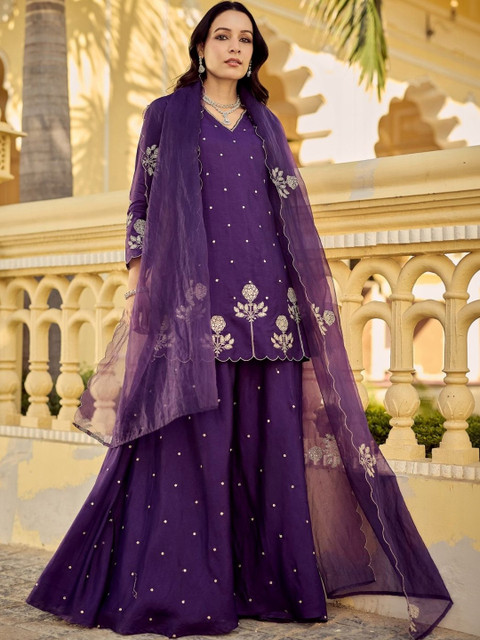 Moda Rapido Women Ethnic Motifs Embroidered Regular Thread Work Pure Silk Kurta with Sharara & With Dupatta