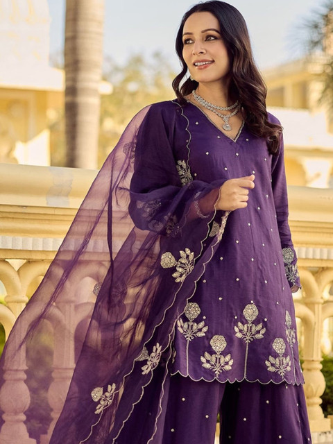 Moda Rapido Women Ethnic Motifs Embroidered Regular Thread Work Pure Silk Kurta with Sharara & With Dupatta - Image 7