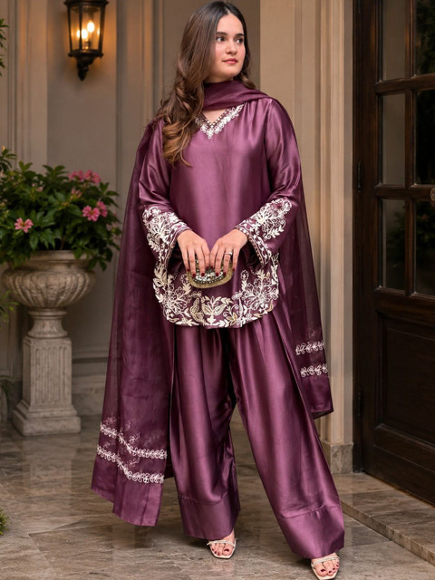 ANITYA Women Ethnic Motifs Embroidered Regular Thread Work Kurta with Palazzos & With Dupatta