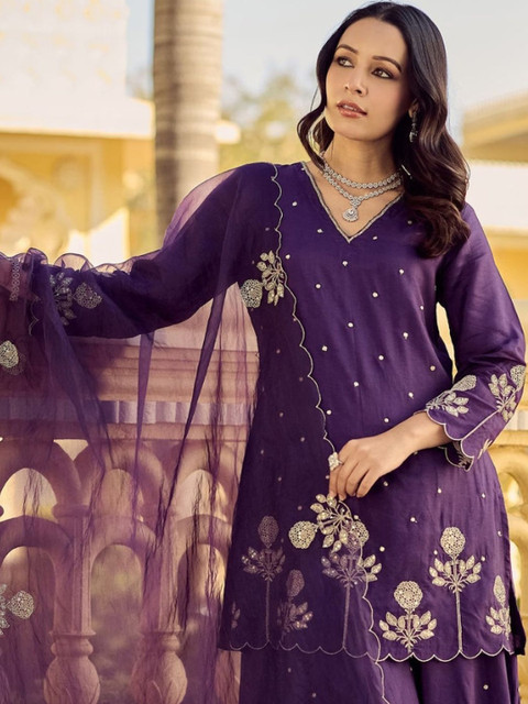 Moda Rapido Women Ethnic Motifs Embroidered Regular Thread Work Pure Silk Kurta with Sharara & With Dupatta - Image 5
