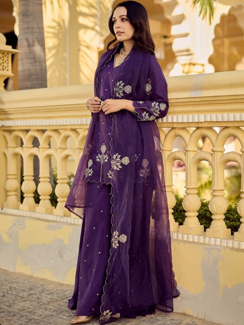 Moda Rapido Women Ethnic Motifs Embroidered Regular Thread Work Pure Silk Kurta with Sharara & With Dupatta - Image 3