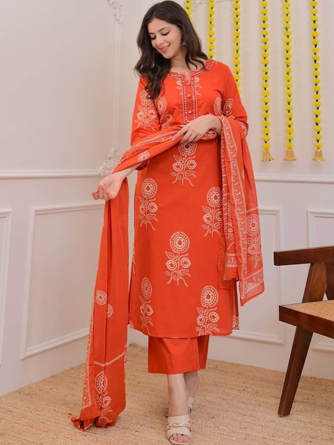 Sangria Women Floral Printed Regular Pure Cotton Kurta with Trousers & With Dupatta