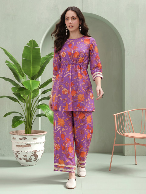 Sangria Floral Print Lace Detailed Cinched Waist Co-Ords