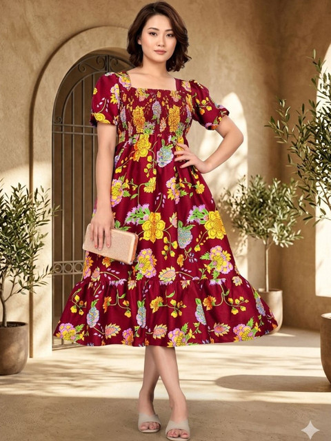 PRIYANSH CREATION Floral Print Puff Sleeve Crepe A-Line Midi Dress